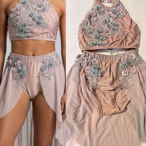 Glamour solo dance costume 2 piece blush pink lace rhinestone MA-Medium adult